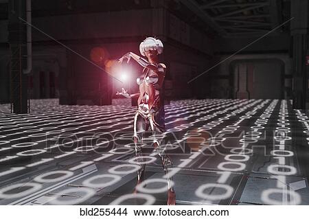 Picture - Woman standing in binary code where virtual reality goggles. Fotosearch