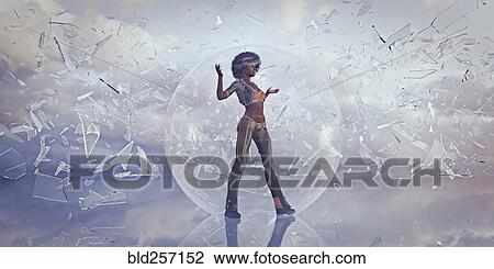 Stock Image - Woman standing in sphere protected from falling shards of glass. Fotosearch