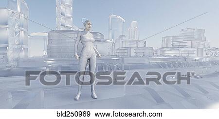 Stock Photo - Woman standing near futuristic glass urban architecture. Fotosearch