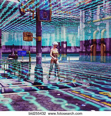 Stock Image - Woman walking in binary code wearing virtual reality goggles. Fotosearch