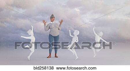 Woman watching dancing virtual children View Large Photo Image Stock Photo - Woman watching dancing virtual children. Fotosearch