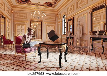 Woman watching floating cube in sitting room View Large Photo Image Stock Image - Woman watching floating cube in sitting room. Fotosearch