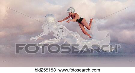Stock Image - Woman wearing virtual reality goggles imitating mermaid. Fotosearch