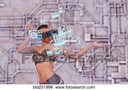 Stock Photo - Woman wearing virtual reality goggles watching hologram. Fotosearch