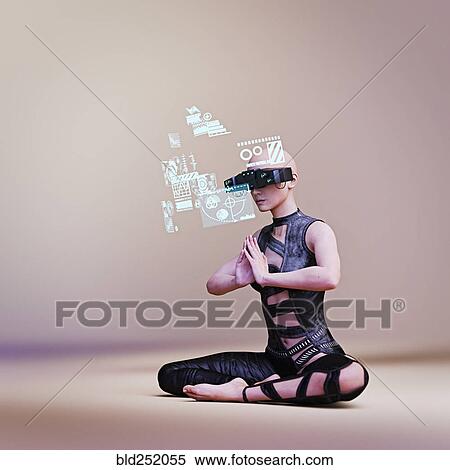 Woman wearing virtual reality goggles while meditating View Large Photo Image Stock Photography - Woman wearing virtual reality goggles while meditating. Fotosearch