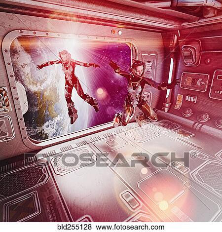 Women floating in space suits inside spaceship View Large Photo Image Stock Photo - Women floating in space suits inside spaceship. Fotosearch