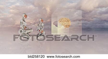 Women robots crouching near brain in cube View Large Photo Image Stock Image - Women robots crouching near brain in cube. Fotosearch