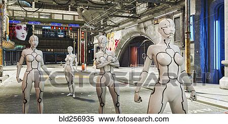 Stock Photography - Women robots in futuristic city. Fotosearch