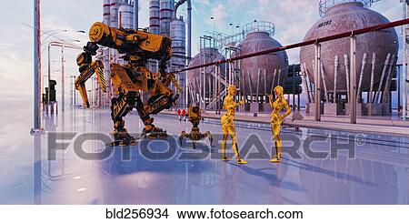 Picture - Women robots talking in futuristic city. Fotosearch