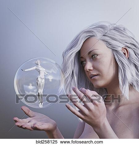 Women watching robot woman in floating sphere View Large Photo Image Stock Photography - Women watching robot woman in floating sphere. Fotosearch