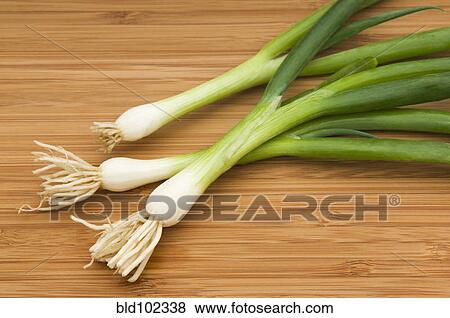 Stock Photo - Three green onions. Fotosearch
