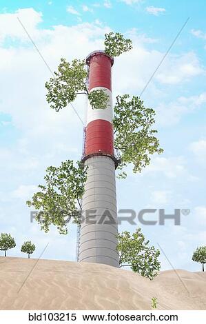 Stock Photography - Branches growing from factory smoke stack. Fotosearch