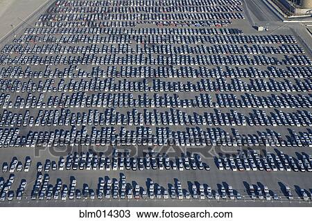 Stock Image - Cars parked in lot at port of Los Angeles. Fotosearch