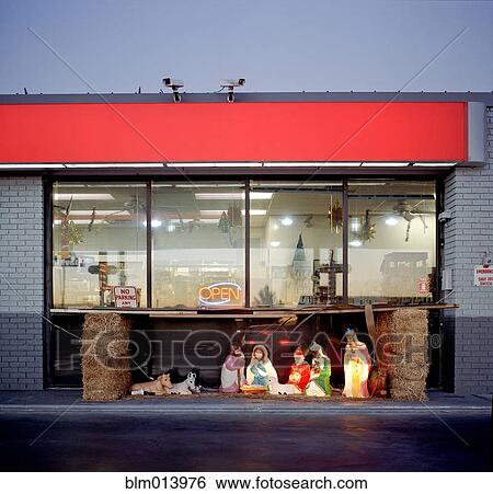 Stock Photograph - Christian nativity in front of store. Fotosearch