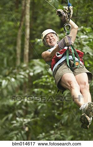 Caucasian woman on zip line in forest View Large Photo Image Stock Photo - Caucasian woman on zip line in forest. Fotosearch