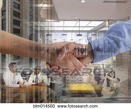 Stock Image - Montage of business people working and shaking hands. Fotosearch