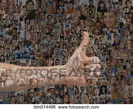 Stock Photograph - Person giving a thumbs up surrounded by images of people. Fotosearch