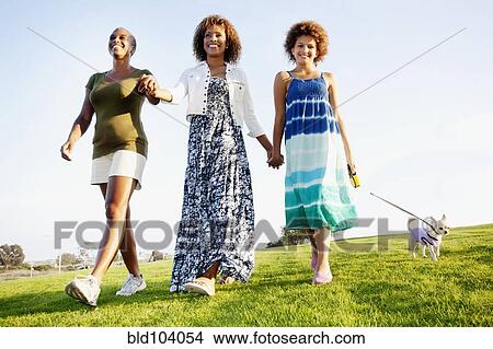 Picture - African American family walking dog in park. Fotosearch
