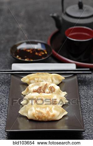 Picture - Asian fried dumplings on tray. Fotosearch