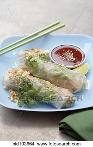 Picture - Asian spring rolls in bowl. Fotosearch