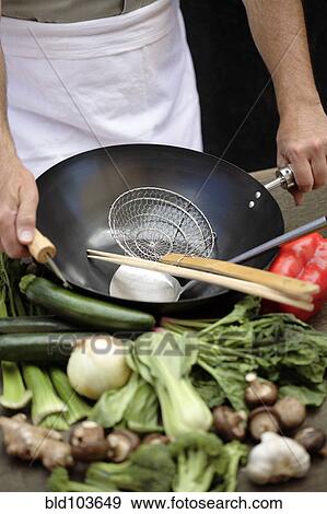 Caucasian chef with wok and fresh vegetables View Large Photo Image Stock Photo - Caucasian chef with wok and fresh vegetables. Fotosearch