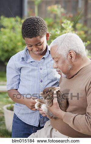 Picture - African American grandfather and grandson with rabbit. Fotosearch