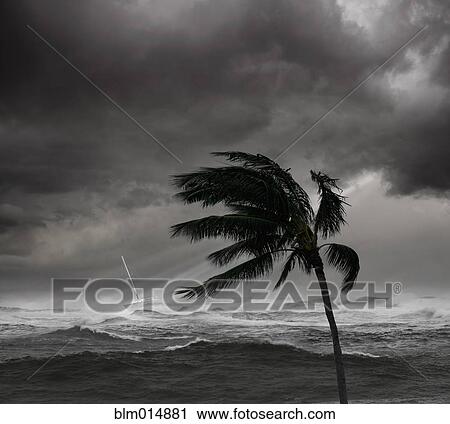 Stock Image - Boat on ocean in tropical storm. Fotosearch