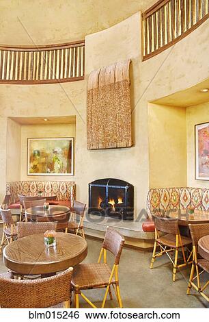Stock Photograph - Fireplace in empty restaurant. Fotosearch