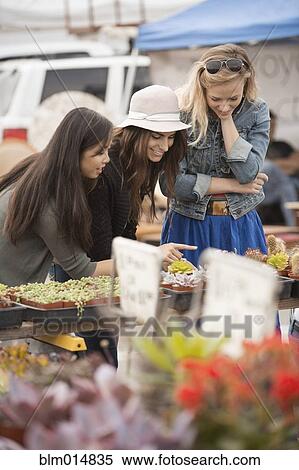 Stock Photography - Friends looking at plants in market. Fotosearch