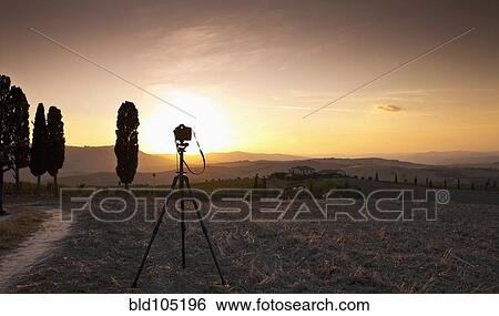 Stock Photograph - Camera in field on tripod at sunset. Fotosearch