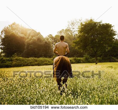 Picture - Caucasian man riding horse in field. Fotosearch