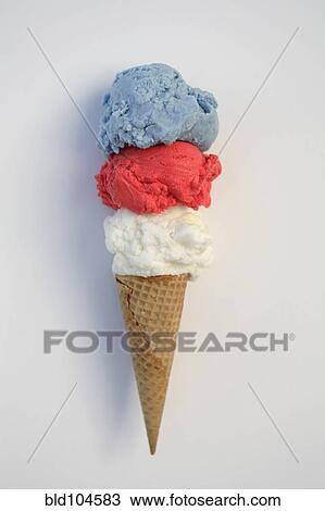 Stock Image - Red, white and blue ice cream in cone. Fotosearch