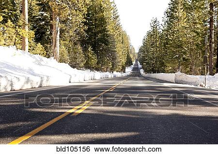 Stock Photograph - Road through snow covered forest. Fotosearch