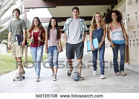 Stock Photo - School friends walking in portico. Fotosearch