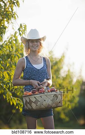 Stock Photograph - Caucasian woman picking fruit in orchard. Fotosearch