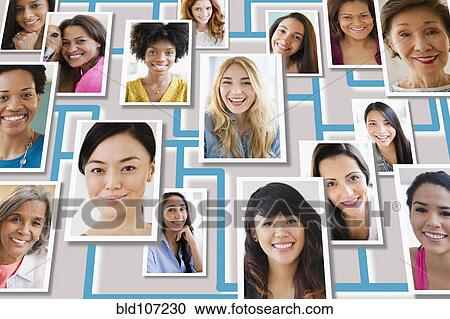 Stock Image - Portraits of people overlaid on grid. Fotosearch