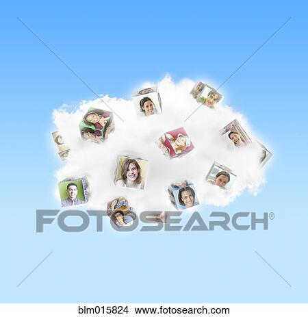 Picture - Cloud containing cubes with pictures of people. Fotosearch