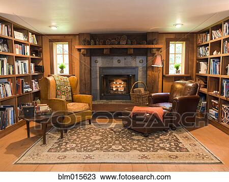 Stock Image - Interior of living room and fireplace. Fotosearch