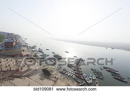 Stock Image - Aerial view of boats in rural harbor. Fotosearch