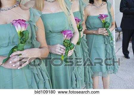 Stock Image - Bridesmaids holding bouquets of flowers. Fotosearch