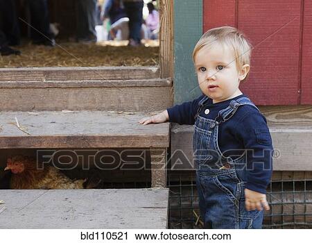 Stock Image - Caucasian boy standing by chicken coop. Fotosearch