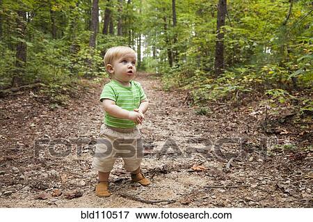 Caucasian toddler walking in forest View Large Photo Image Stock Photo - Caucasian toddler walking in forest. Fotosearch