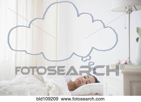 Stock Photo - Hispanic woman sleeping with empty thought bubble. Fotosearch