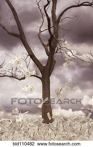 Stock Image - Illustration of dollar bills falling from tree in storm. Fotosearch