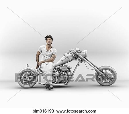 Stock Image - Hispanic man sitting on motorcycle. Fotosearch