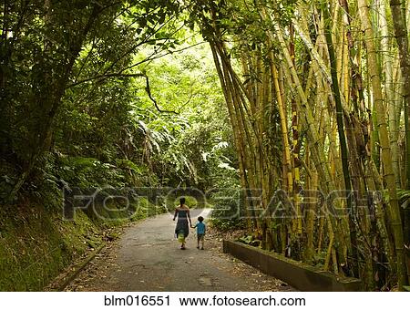 Stock Image - Mixed race mother and child walking on road in jungle. Fotosearch