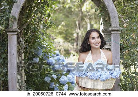 Young woman carrying a basket of flowers View Large Photo Image Picture - Young woman carrying a basket of flowers. Fotosearch
