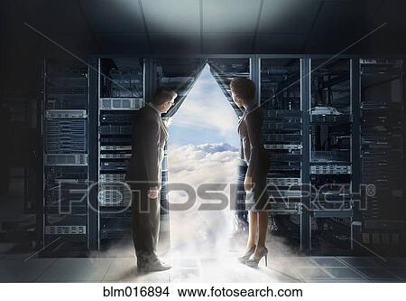 Picture - Business people pulling back curtain to clouds. Fotosearch