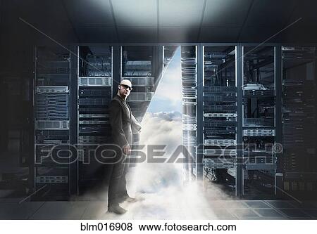 Stock Photo - Caucasian man parting curtain to clouds. Fotosearch