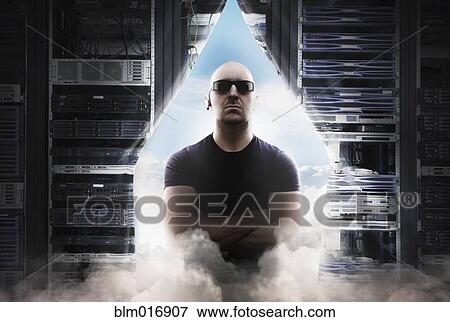 Stock Photo - Caucasian man standing in parted curtain and clouds. Fotosearch
